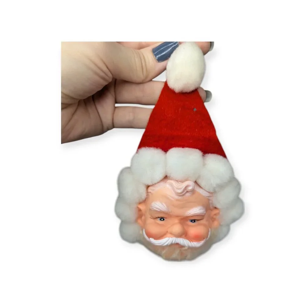 Vintage Vinyl/Hard Plastic Santa Face Ornaments with Fuzzy Beards and Hat Set 2